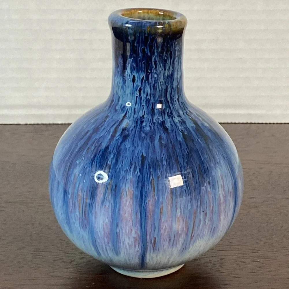 Vtg Pottery Art Bud Vase Beautiful Blend of Cobalt Brown Purple Drip Glaze